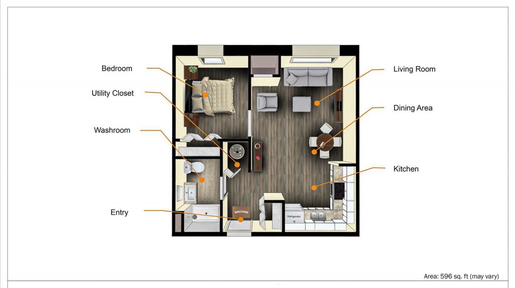 Birds Eye View of 1-bedroom unit